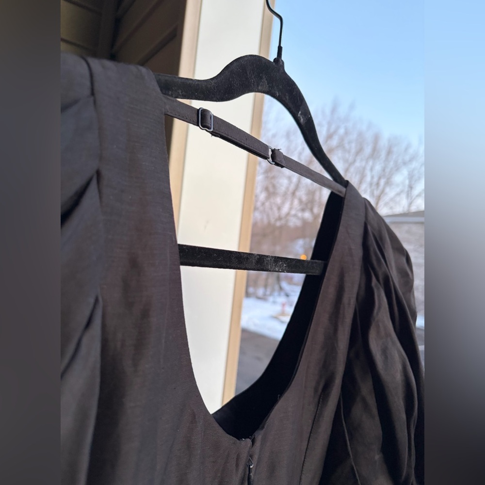 🆕 FRAME Noir Puff Sleeve Mini Dress S/P Black Viscose Linen Blend Party Office - Picture 11 of 17